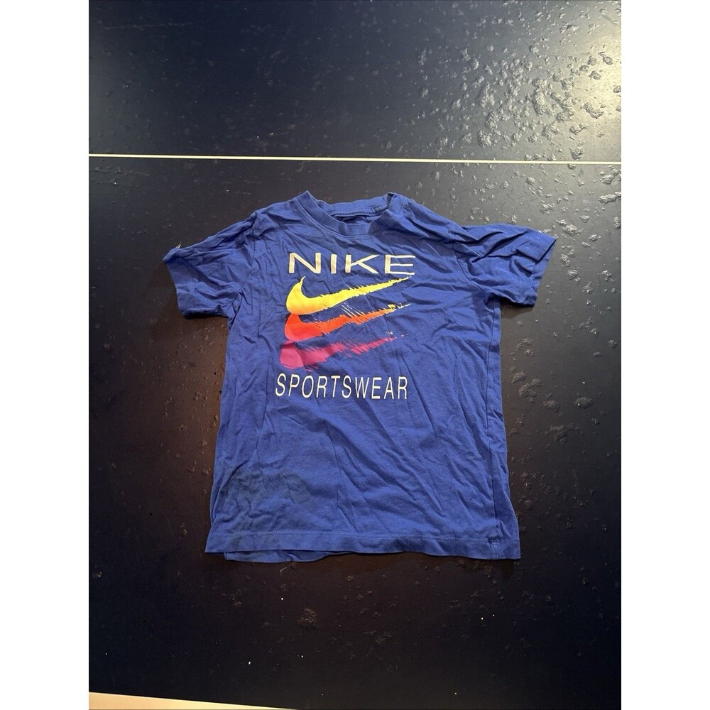 Nike Shirt Boys Size M Blue Sportswear Triple Swoosh Graphic Cotton Short Sleeve